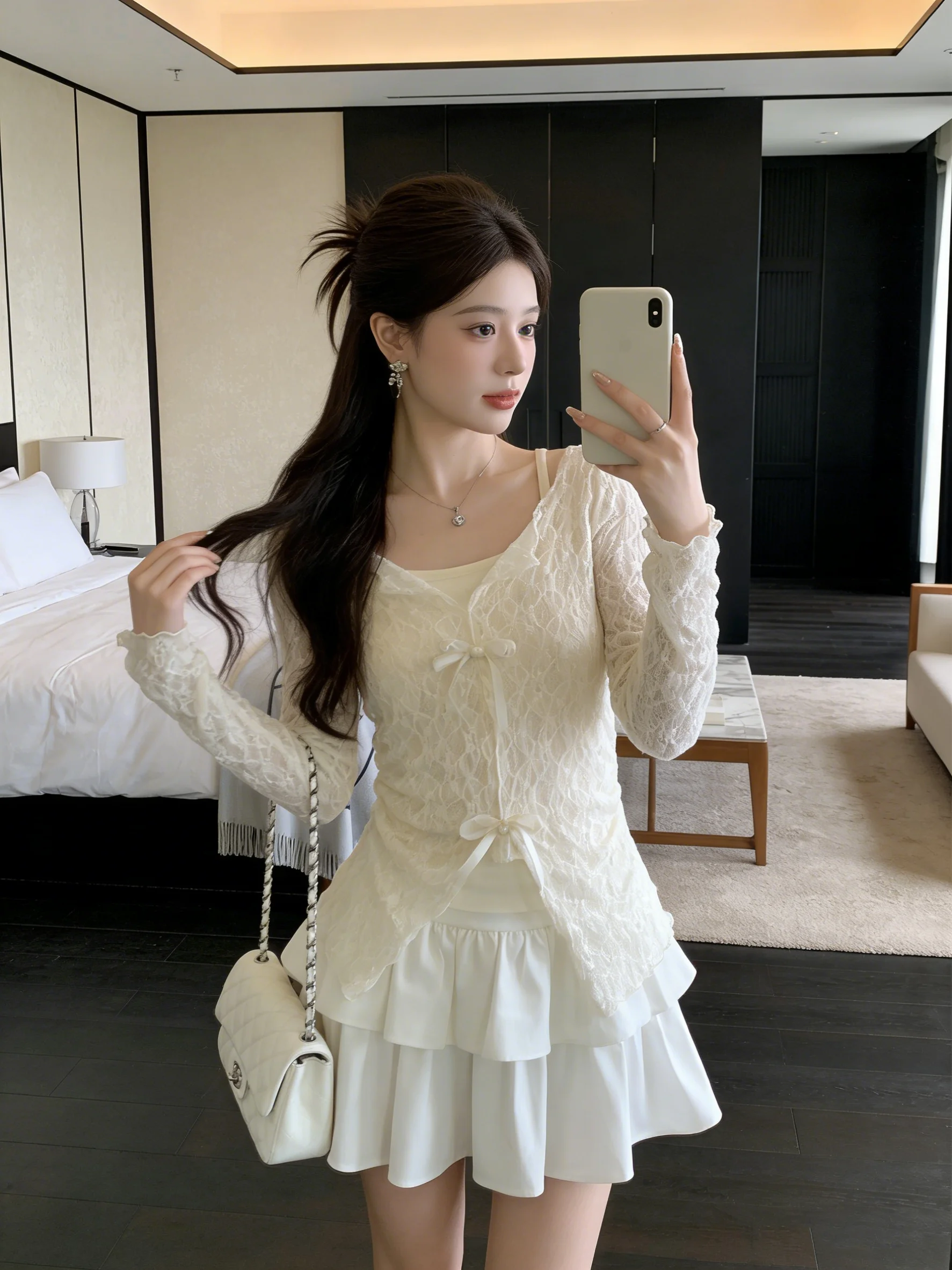 

Корейский комплект: кардиган с длинными рукавами и кружевной завязкой, топ для похудения и дышащая футболка с V-образным вырезом для женщин, весна-лето, повседневная одежда