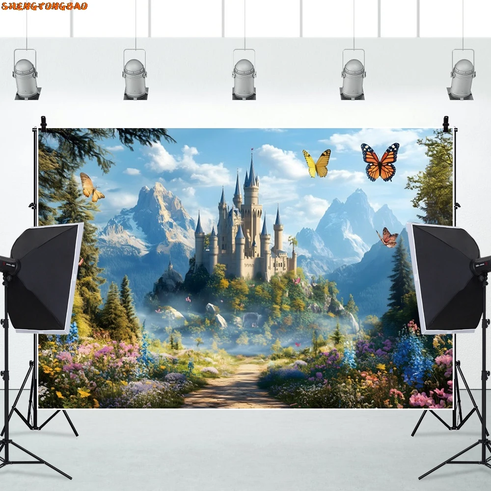 Spring Forest Castle Backdrop Green Trees Plants Butterfly Baby Kids Birthday Party Photography Background Decor Photostudio