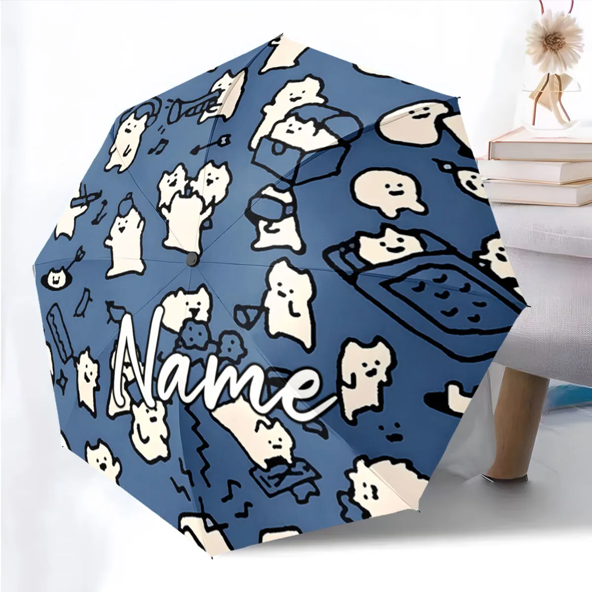 Custom Name Cute Cartoon Pattern Umbrella Design Print 8 Iron Ribs Folding Umbrella, Auto-Open Fashion Sunshade