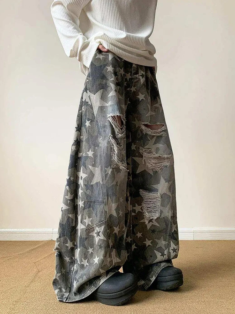 REDDACHIC Camo Star Print Ripped Hole Baggy Jeans Men Big Size Do Old Wash Denim Low Waist Wide Leg Pants Vintage Y2k Streetwear