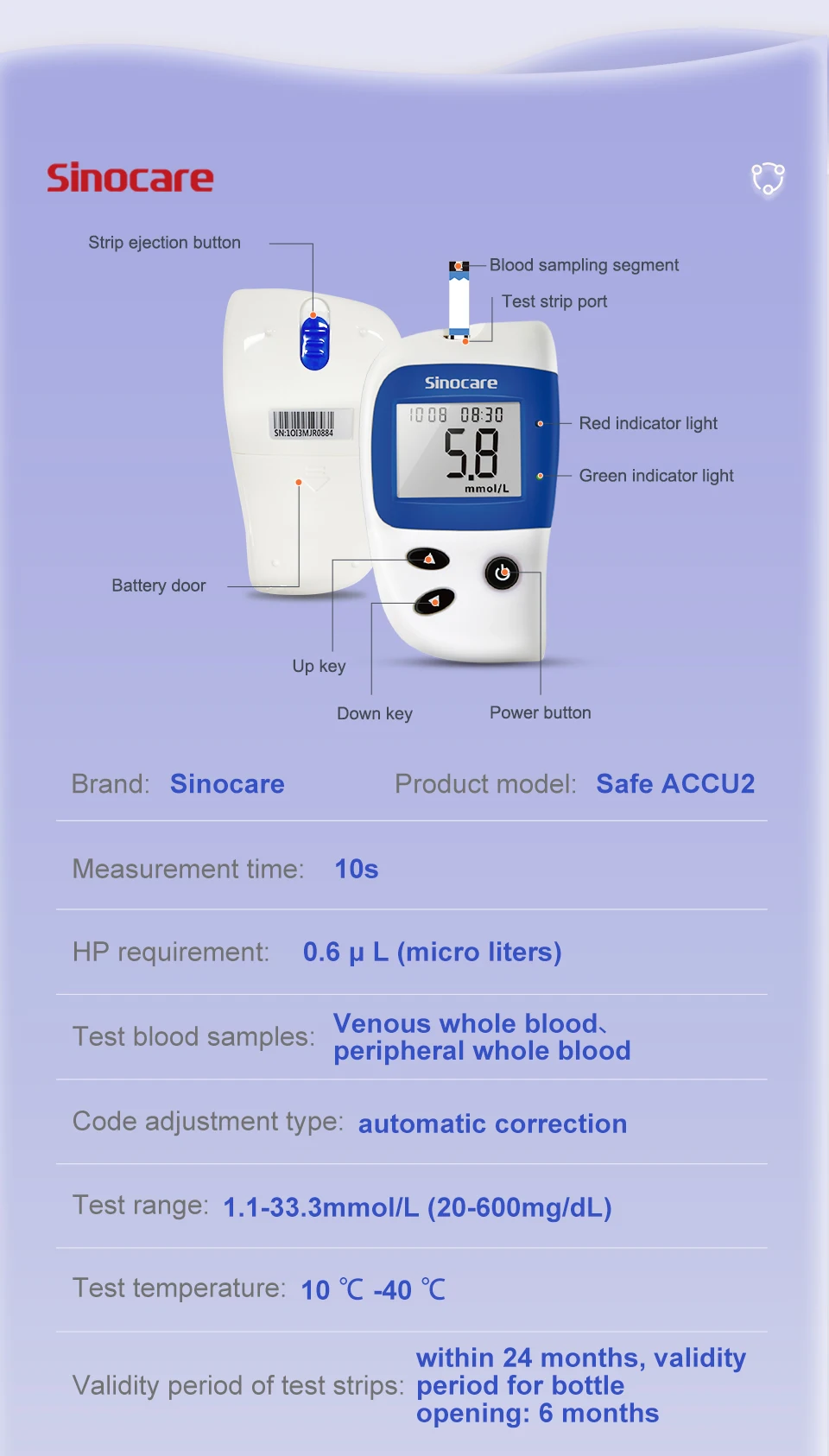 Sannuo Sinocare Safe ACCU2 Blutzuckermessgerät Blutzuckertestkit Diabetes Heim-Glukometer mit 50 Teststreifen oder Nur Teststreifen – Detail 10