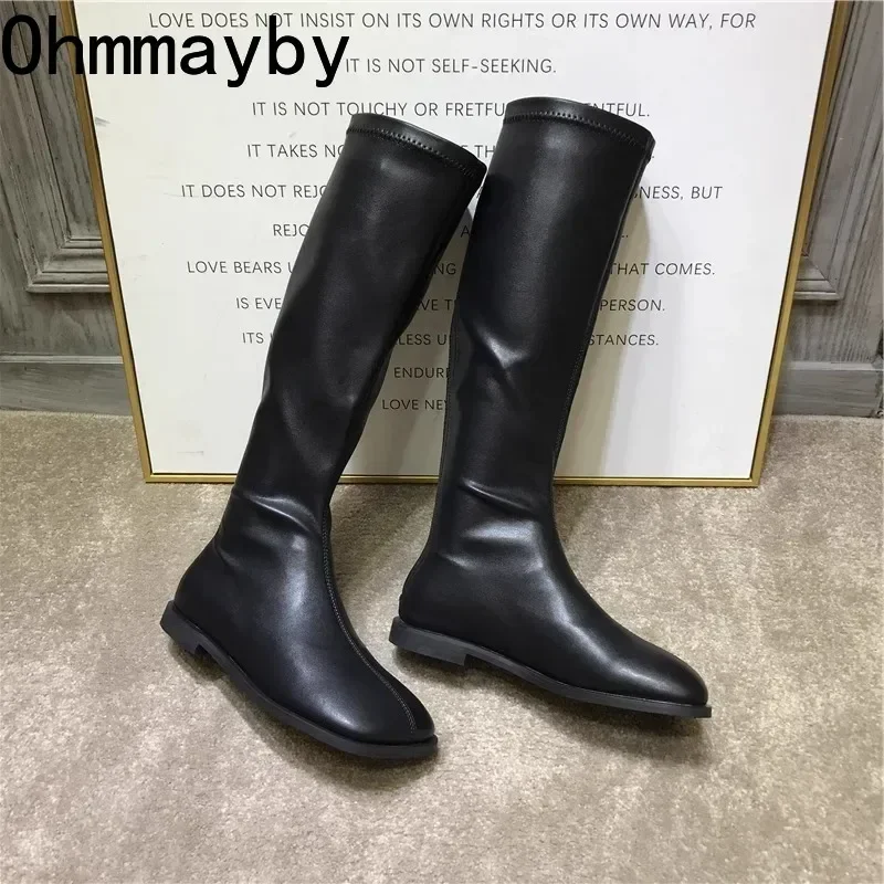 Street Style Stretch Women Knee High Boots Fashion Elegant Square Toe Shoes Women\'s Modern Flats Long Booties