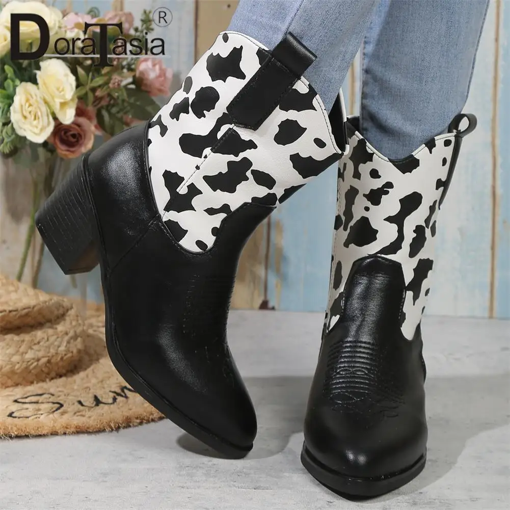 Brand New Ladies Pointed Toe Cowboy Boots Fashion Mixed Colors Chunky Heels women's Cowgirl Ankle Boots Casual Party Shoes Woman