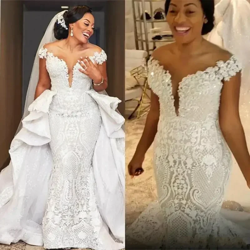 

Customized Spark Mermaid Wedding Dresses Detachable Train African Lace Country Garden Off The Shoulder Bridal Gowns
