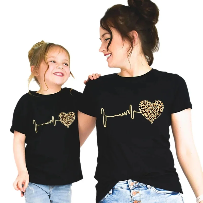 Leopard Heart Family T-shirt Mom Daughter Short Sleeve Tops Parent Child Set Mother Girl Summer Tees