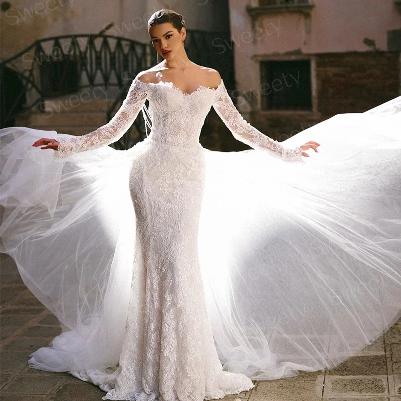 Anmutiges Brautkleid mit abnehmbarer Schleppe aus Organza mit Stickerei, Meerjungfrau-Ballkleid, U-Boot-Ausschnitt, volle Ärmel, maßgeschneidert, Vestido De Novia