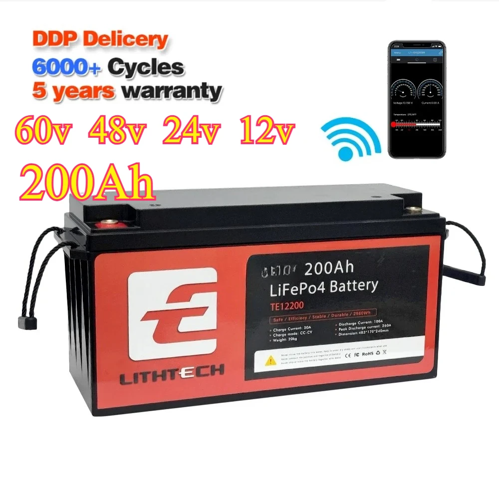 

8000 cycles 12V 24V 48V 60V lifepo4 battery pack 12V 24V 100Ah 200Ah BMS with heating and Bluetooth