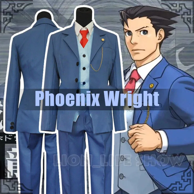 Kostum Cosplay Setelan Biru Ace Attorney Phoenix Wright Ryuichi Naruhodo Set Lengkap