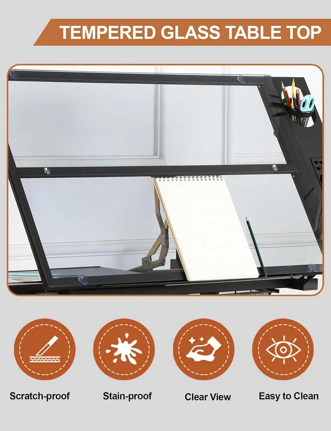 Upgraded Glass Adjustable Drawing Desk for Artists & Designers, Height & Angle Adjustable, Custom