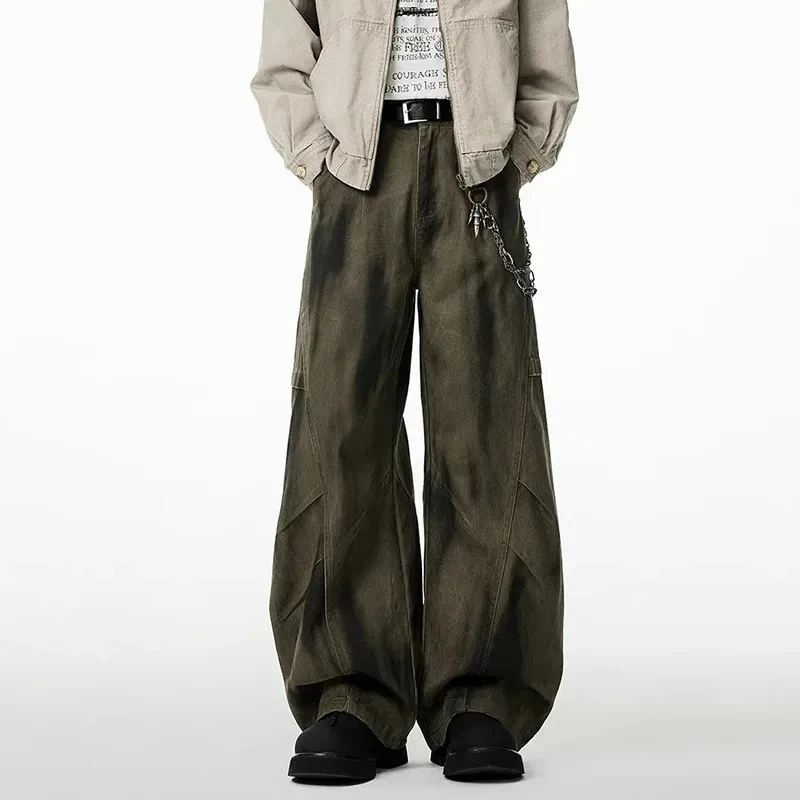 

Niche Design Men's Denim Pants Dirty-dying Contrast Color Pleated Curved Knife Trousers Wide Leg Loose Male Spring Autumn Jeans