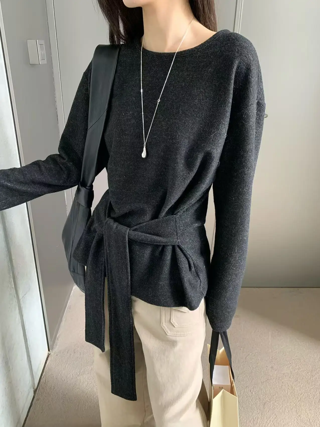 

Ele Simple Knot Design round Ne Slim Fit Knitwear for Women Autumn Winter Cotton Long Sve T-irt Commute Sle