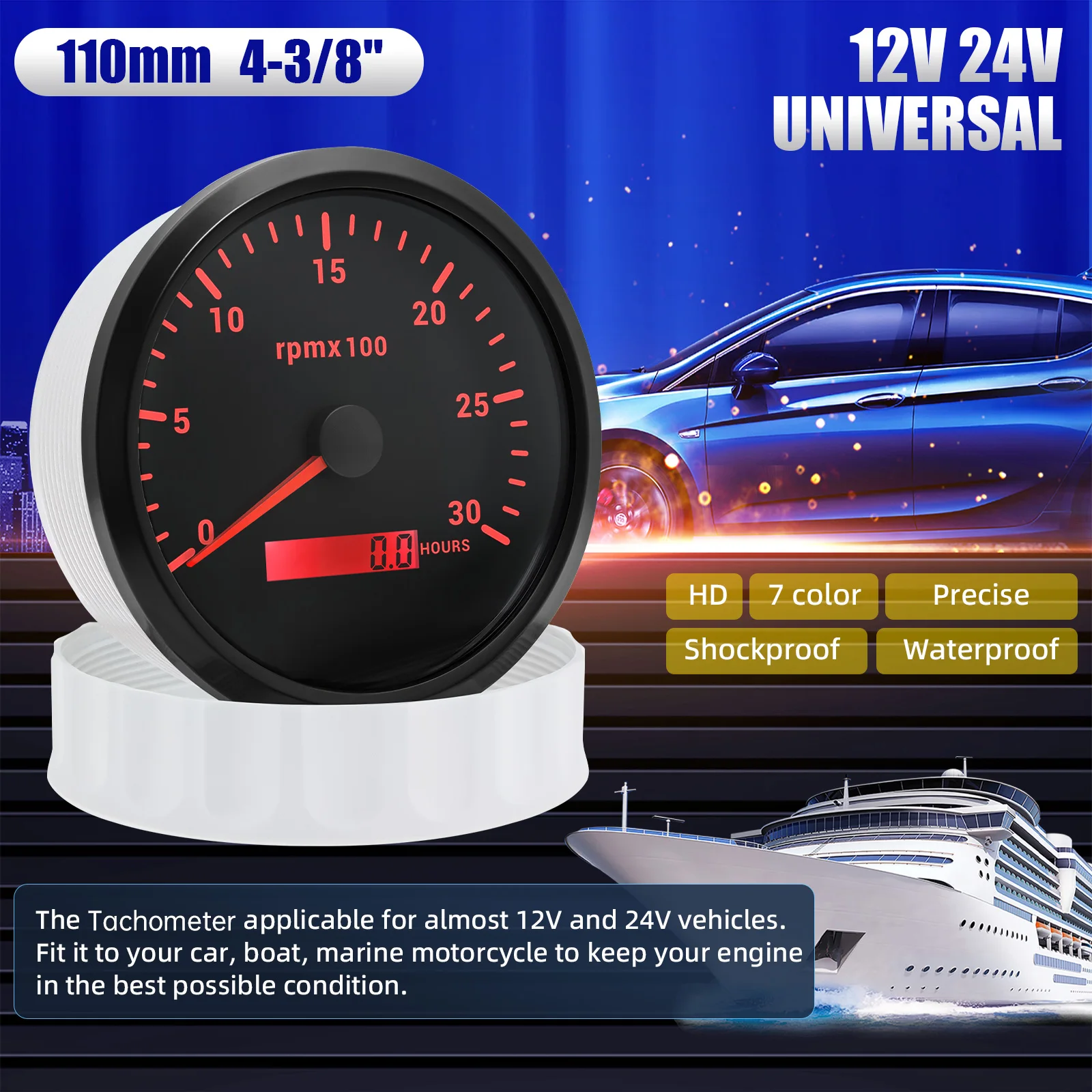 7 Colors Backlight RPM Gauge Tachometer 110mm Tacho Meter 3000/4000/6000/7000/8000 RPM Meter For Marine Car Boat 12V 24V