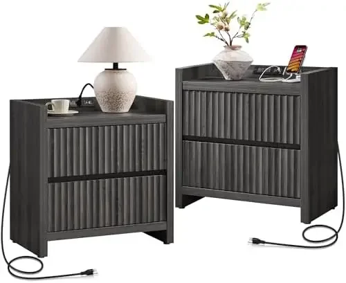 Night Stand Set of 2-Fluted Nightstands with Charger Station-Large Nightstand Bedside Table End Table with 2 Drawers