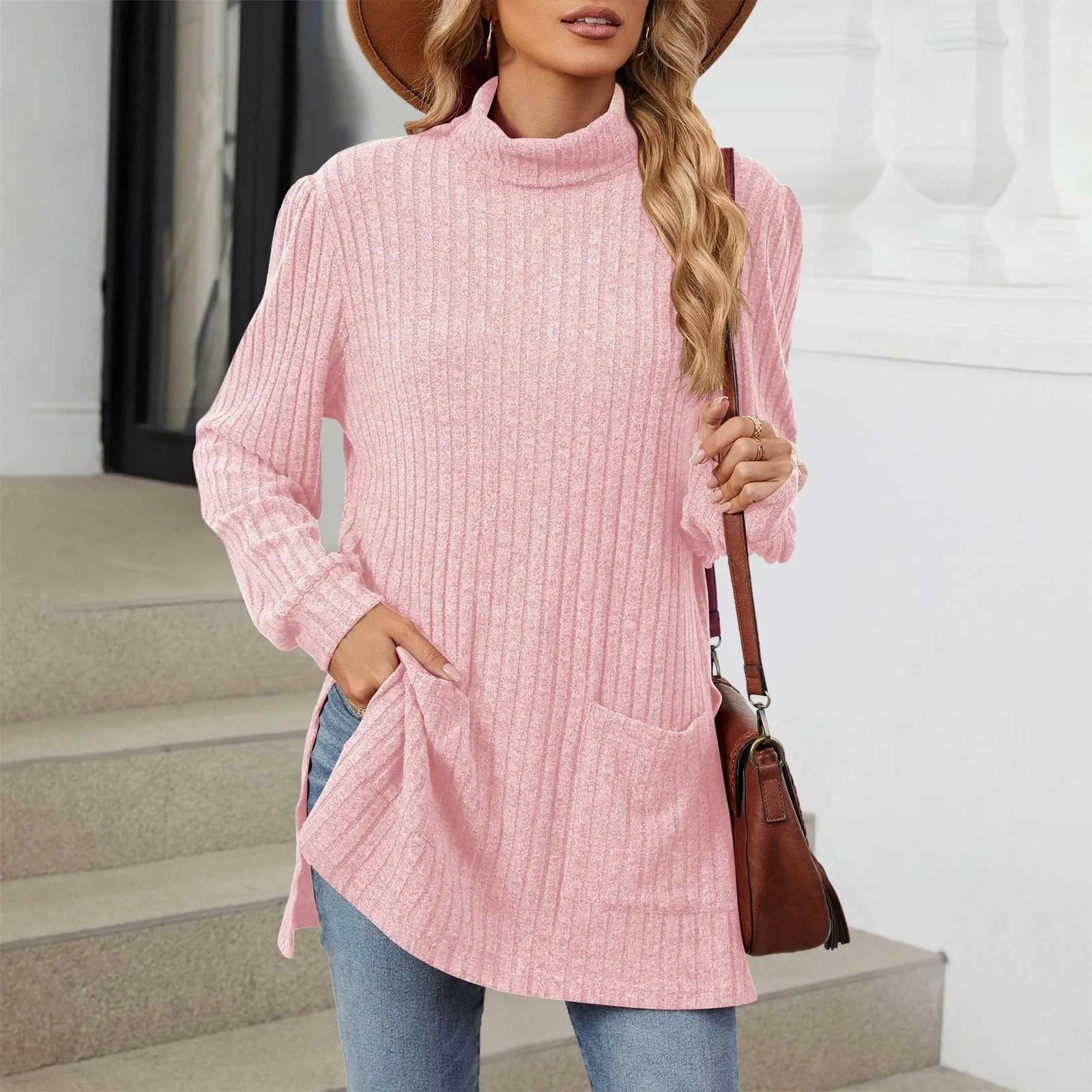 Half Turtleneck Women Casual Sweaters Autumn Warm Solid Color Basic Long Sleeve Loose Knit Pullover Side Slit Jumper With Pocket