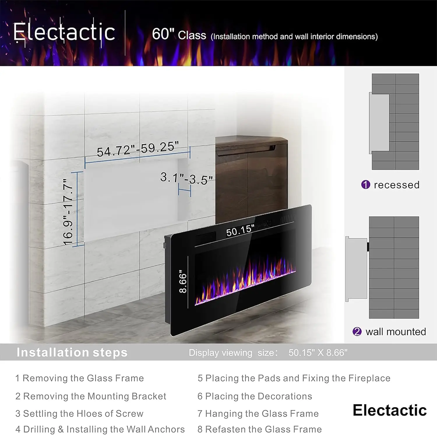 Electric Fireplace Recessed and Wall Mounted, Fireplace Heater , with Remote Control, Adjustable Flame Color, Black