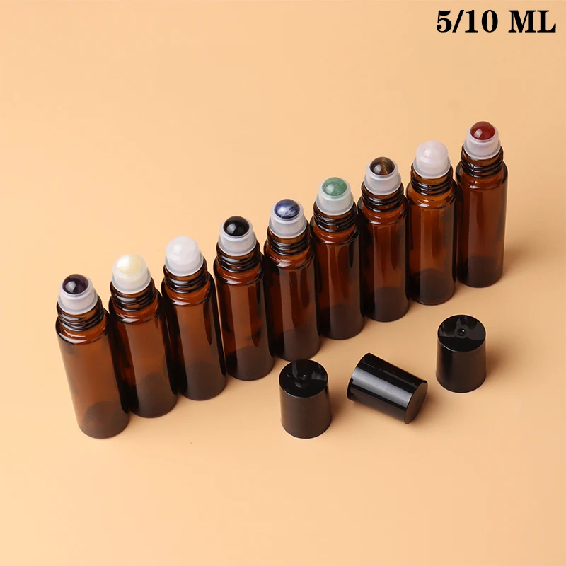 5ml 10ml Glas rolle auf Flaschen für ätherische Öle Bernstein nachfüllbare Glas walze Metall öl fläschchen Mini flasche mit Jade kugel