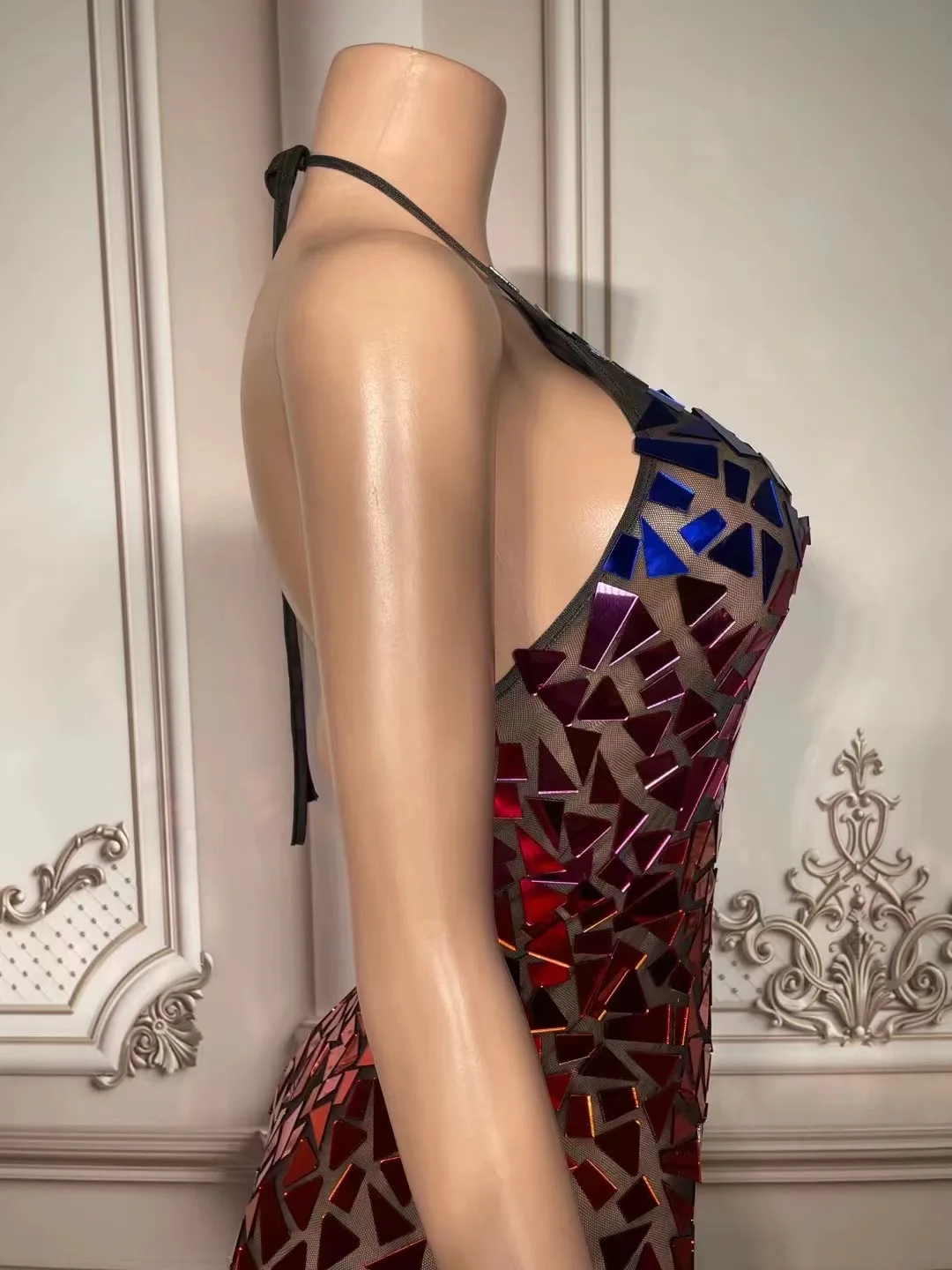 Multi-color Rhinestone Chain Slit Mini Dress Women Evening Party Birthday Prom Sexy Fashion Short Outfit Singer Dance Stage Wear