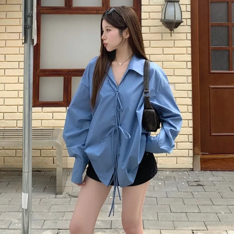 

Deeptown Blue Lace Up V Neck Women Shirts Vintage Long Sleeve Korean Fashion Loose Blouses Solid Color Casual French Elegant