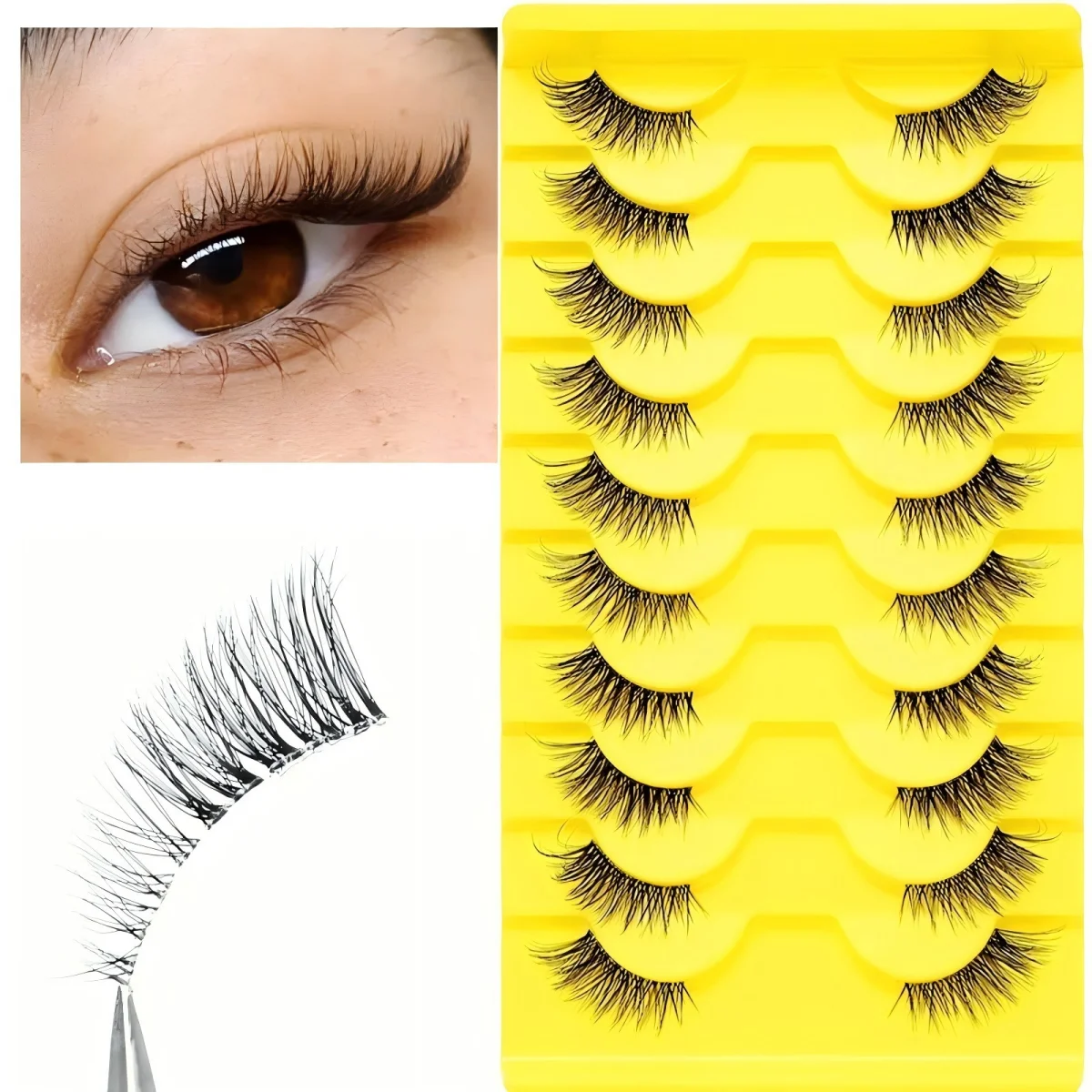Semi-Long Eyelashes Cat-Eye Style False Eyelashes Transparent Band Lightweight Soft Strip 10 Pairs Edge Corner Enhancements