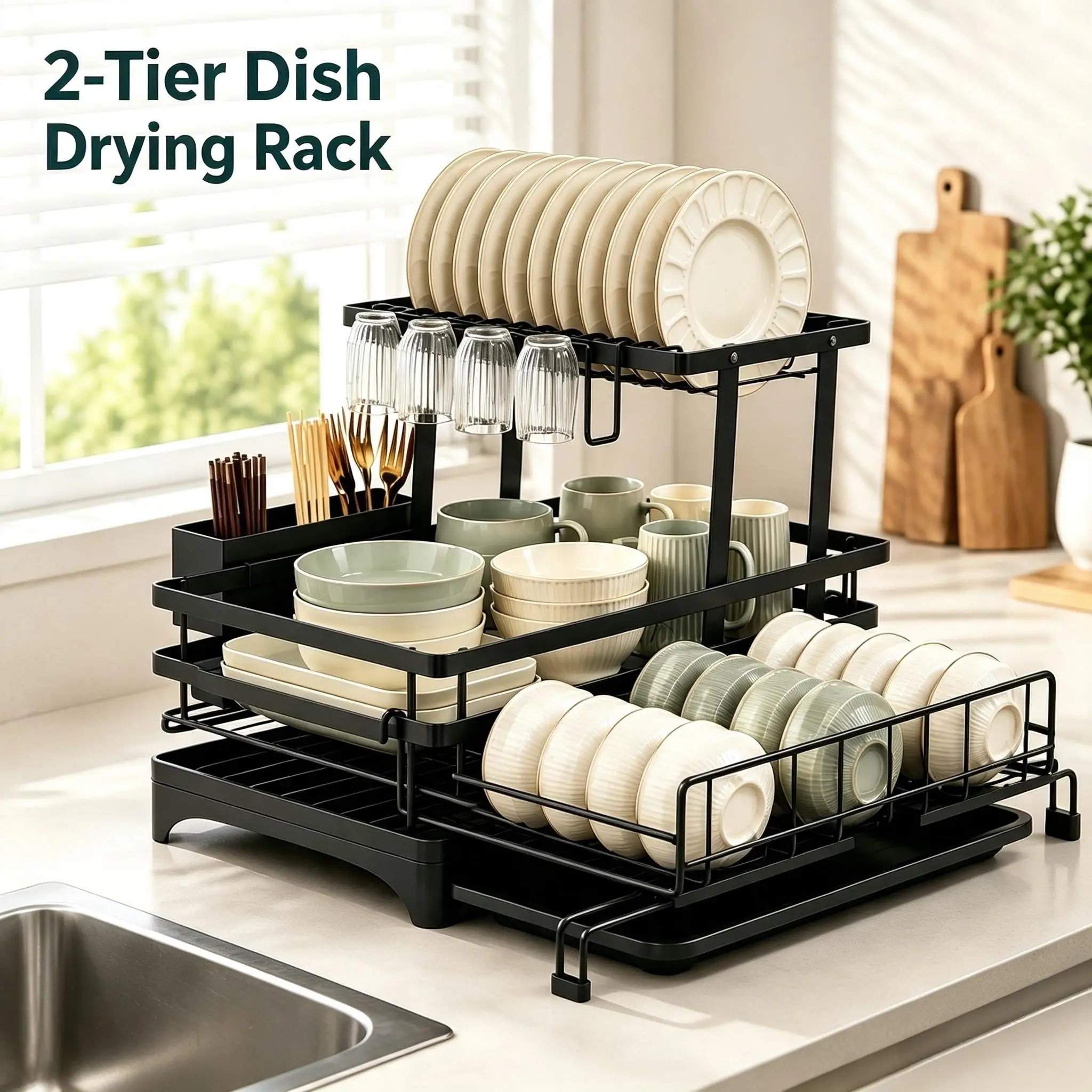 Expandable Double Layer Dish Drying Rack Rustproof 2 Tier Sink Drainer with Automatic Drainage Board Heavy Duty Kitchen Organizer Countertop Utensil Holder Space Saving Dishware Storage Shelf