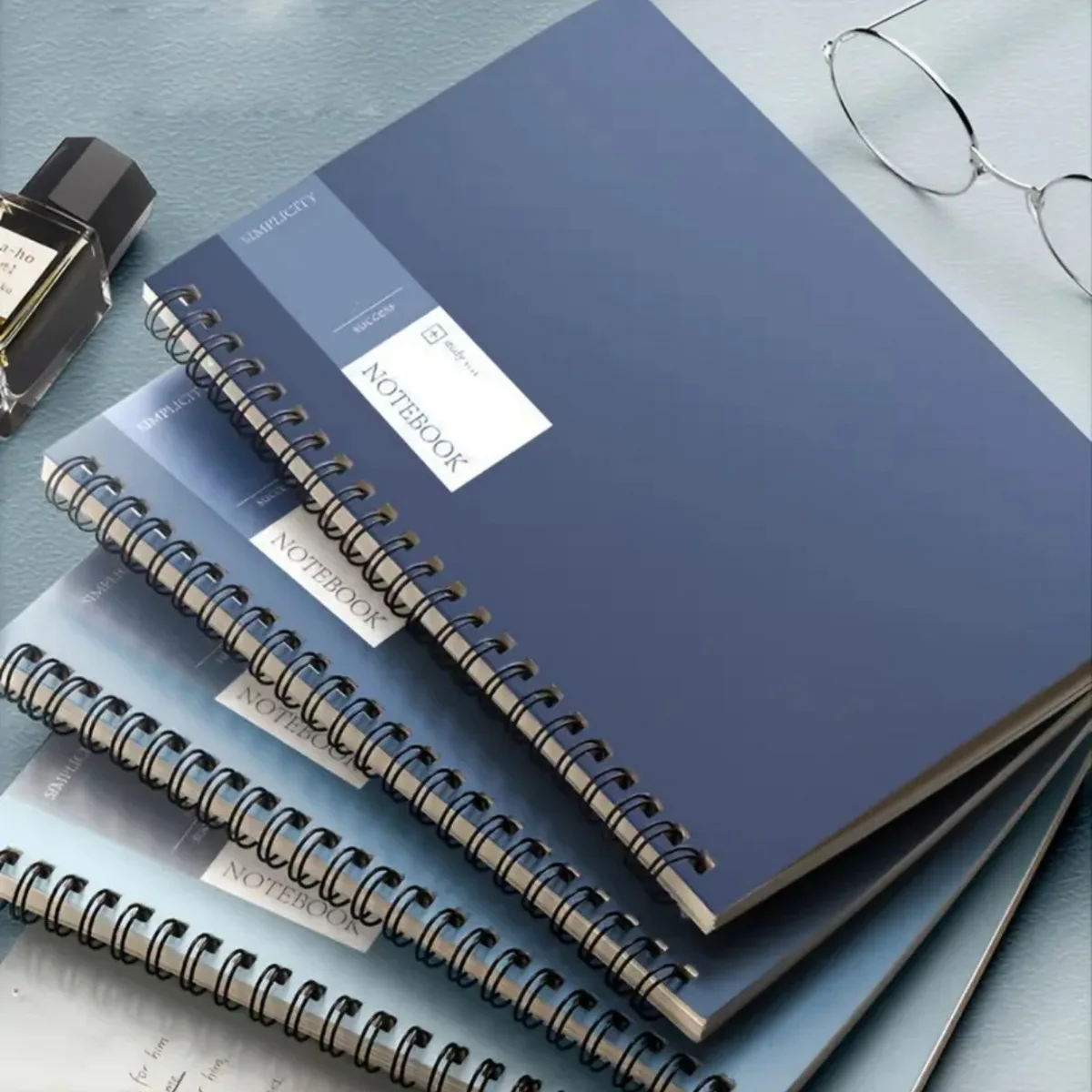 1 Set Of 4pcs, 8.1x5.6inches Thickened A5 Coil Notebook, Blue Simple Notepad, Wholesale High-value Loose-leaf Book, Practice Boo