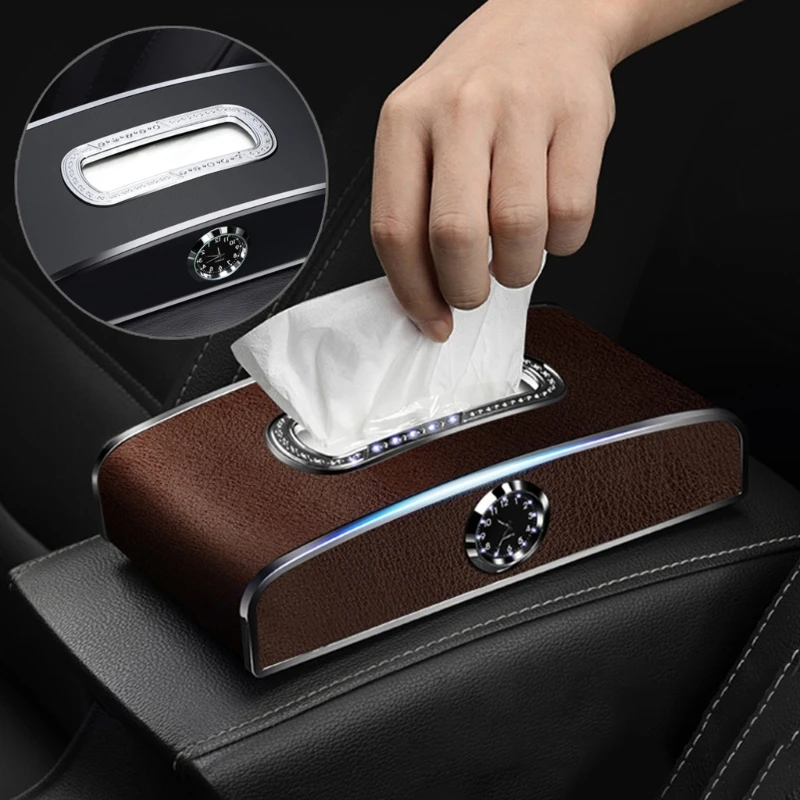 Q39F Practical Car Tissue Box with Clock Watch Functional Car Tissue Hold Sun Backseat Leather Case Vehicle Tissue Box Gift