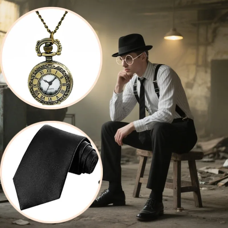 1920s Mens Costume Accessories Outfit Set Gangster Roaring 20s Costumes for Gatsby Party 30s Y-Back Beret Suspender pocket watch view 4