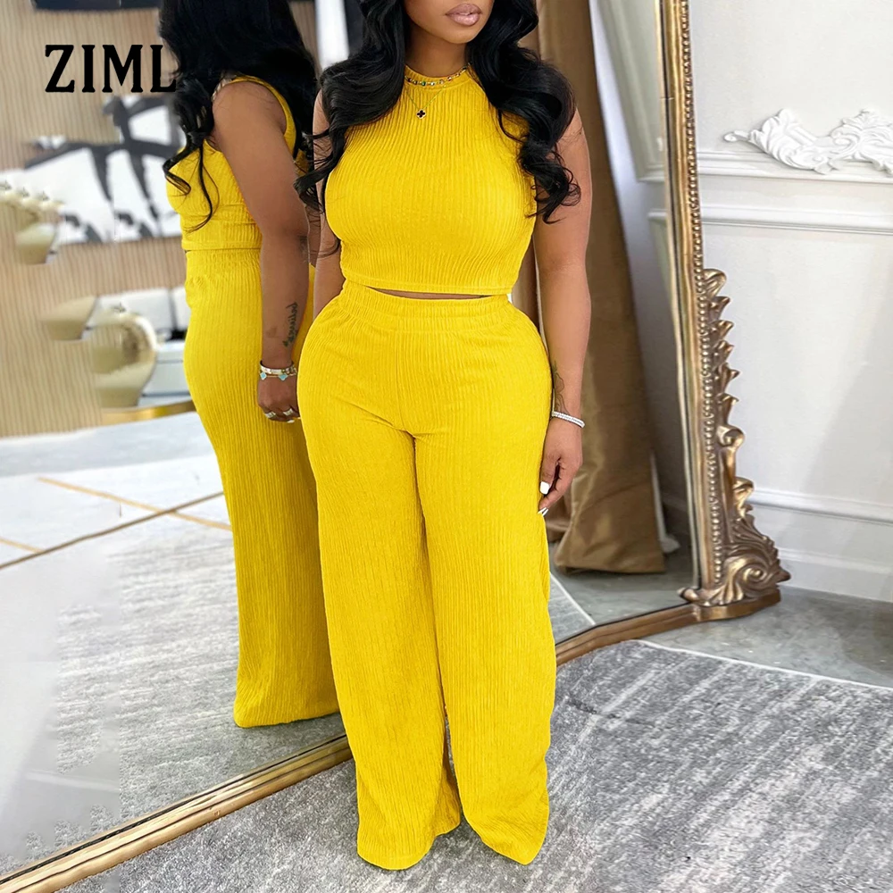

ZIML Solid Minimalist Two Piece Sets for Women Round Neck Sleeveless High Waist Loose Pants Causal Chic Set Female Fashion New