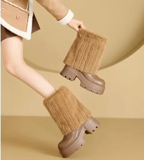 High quality 9CM Women's High Heel Boots 2025 New Wool Platform Women's Middle Boots Genuine Leather Fashion Rider Boots Ladies