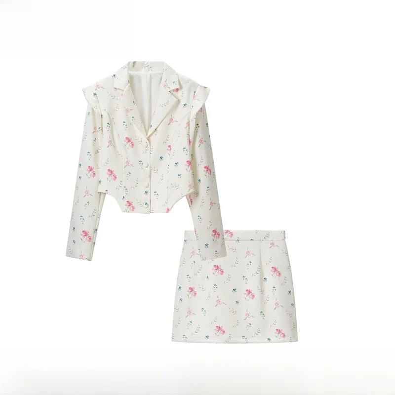 Early Autumn New Arrival Women's Fashionable Floral Single-Button Suit Skirt Set Versatile Short Sleeve Polyester Fiber