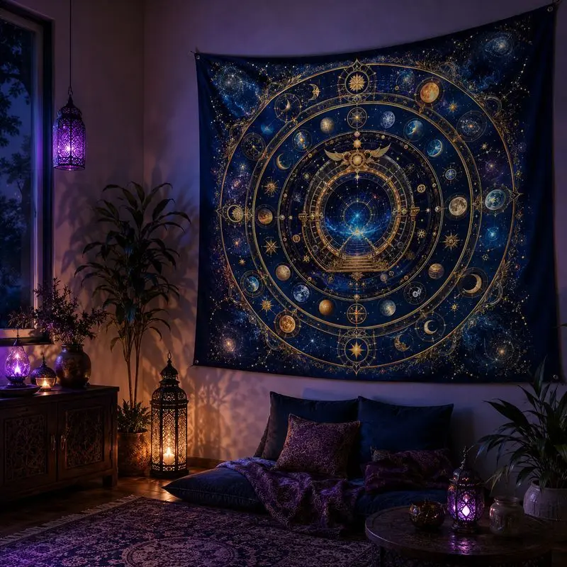 VIKAMA Moonphase Constellation Tapestry Celestial Wall Hanging, Bohemian Starry Sky Galaxy Decor for Bedroom Living Room Home