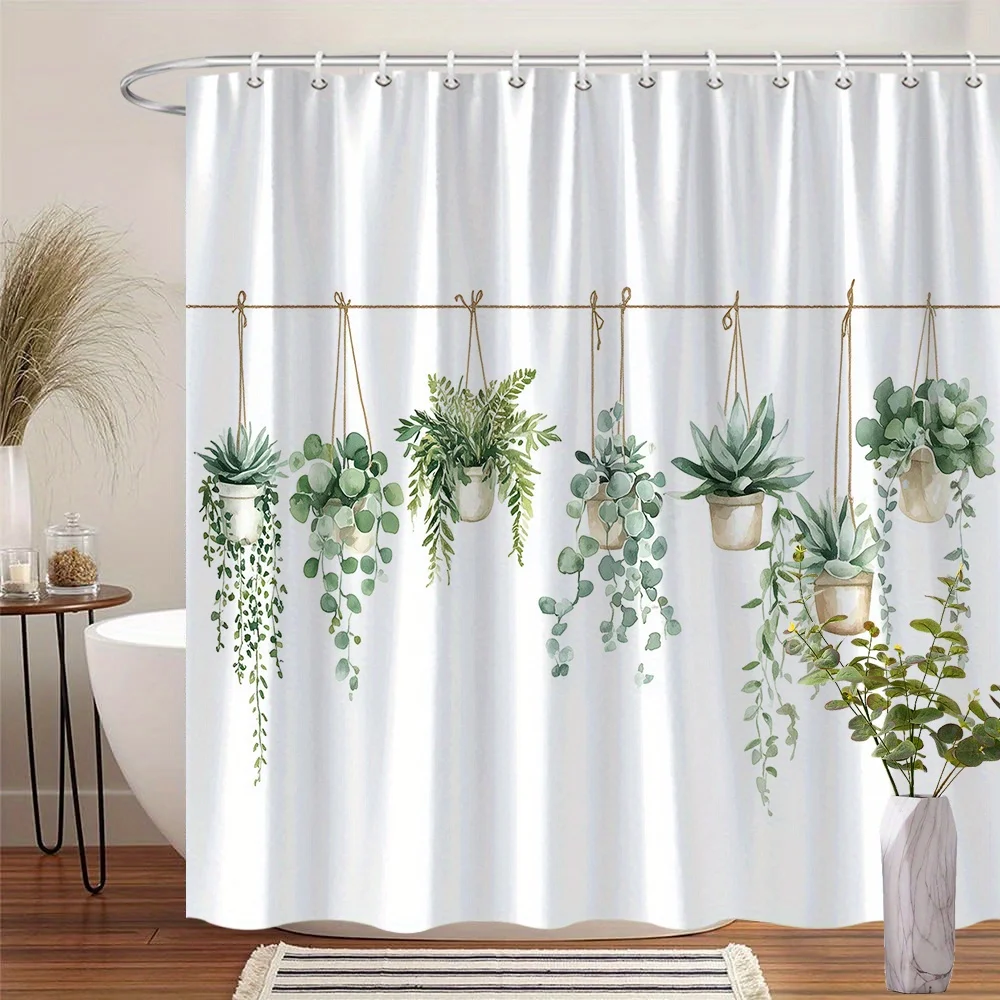 Hanging Plants Shower Curtain Green Succulents Potted Herbs Design Bathroom Decor Waterproof Curtains Boho Home Style