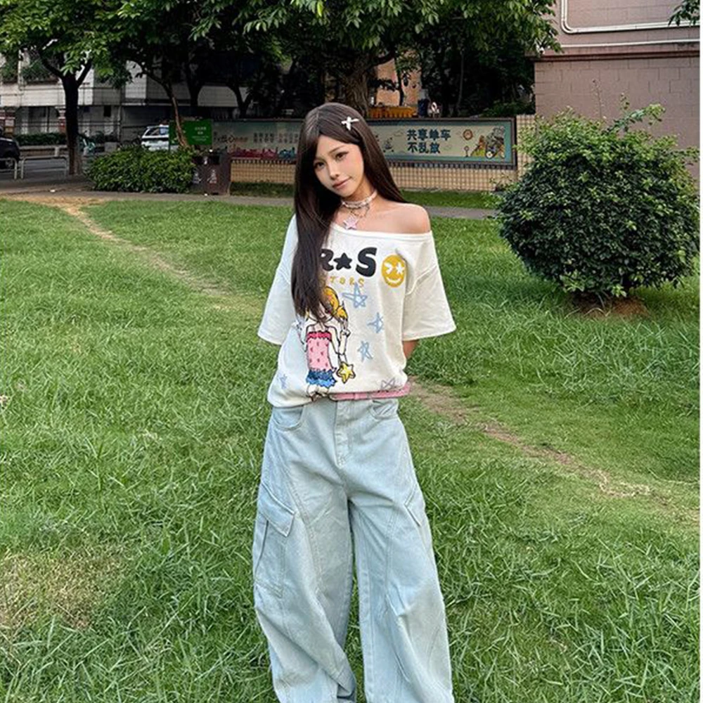Hotweek Pattern T-shirt Cartoon Short Sleeve Summer Top Off Shoulder Printed T-shirt Women's 2000s Clothing Y2k T-shirt Unique view 5
