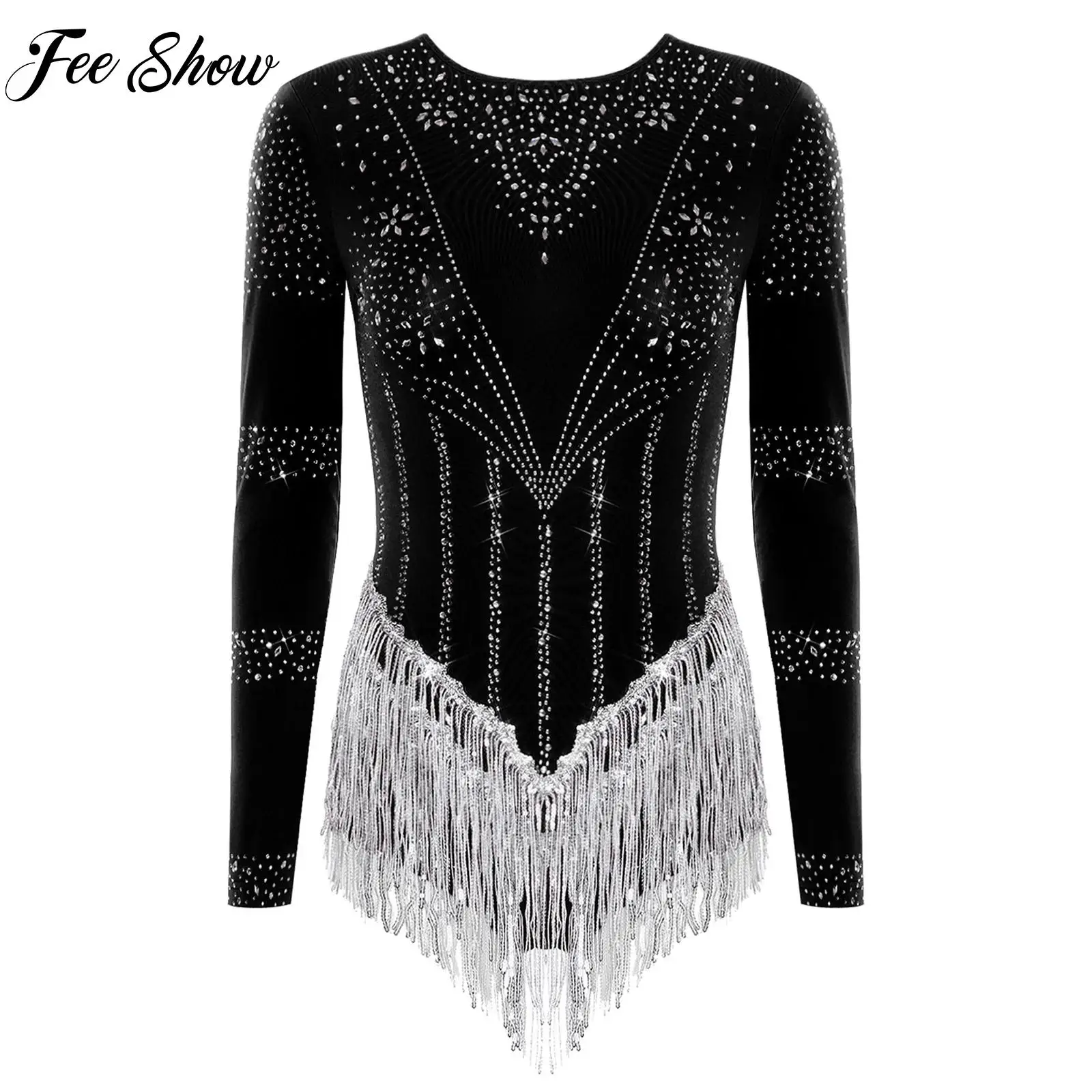

Shiny Sequin Tassel Figure Skating Costume for Womens Long Sleeve Rhinestones Gymnastics Leotard Jumpsuit Latin Chacha Dancewear
