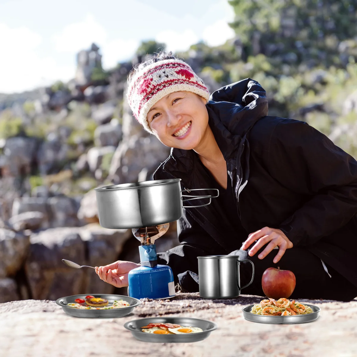 

8Pcs Sturdy Outdoor Cookware Set Portable Pan for Hiking Picnic Induction Gas Electric Halogen Cooktops Tactical