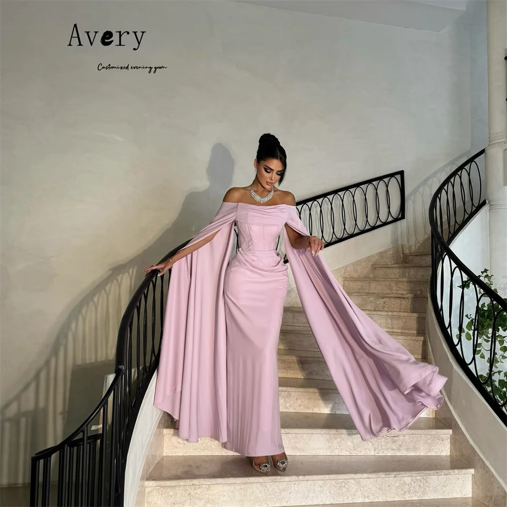 Avery op maat gemaakte off-shoulder roze fishtail enkellange luxe damesavondjurken 2025, luxe elegante feestjurk voor dames