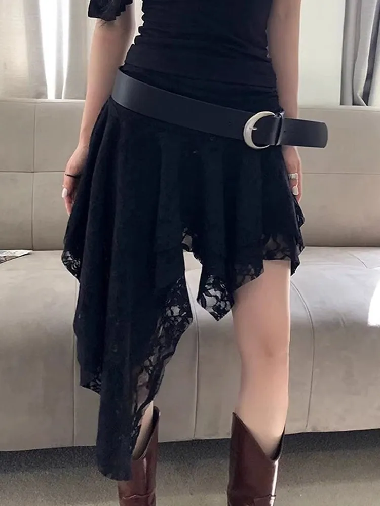 화이트 레이스 비대칭 하프 스커트 여성 가을 ​​겨울 새 스타일 계층화 된 착용 가짜 헴 라인 커튼 스커트 a 라인 짧은 드레스