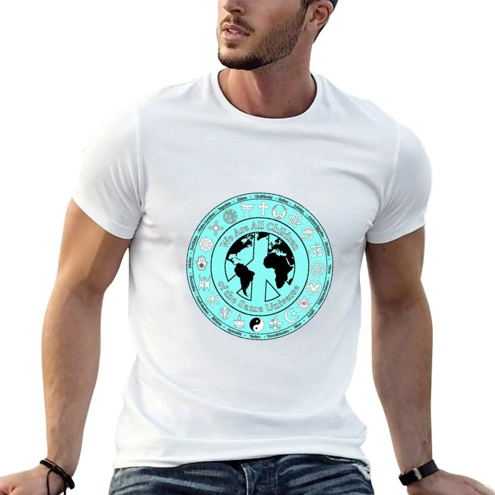 We Are All Children of the Same Universe - World Religions Symbols with Earth & Peace Sign - Light Aqua T-Shirt