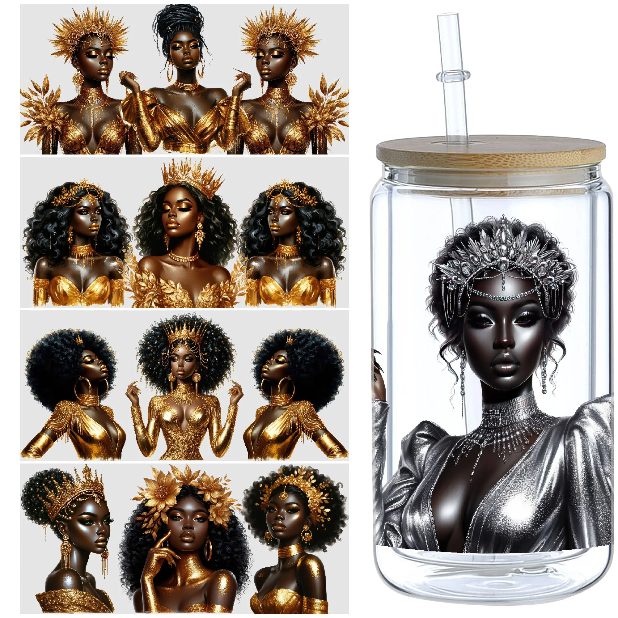 5 Blatt Black Queen UV DTF Glasbecher-Wrap-Transferaufkleber, wasserfeste, abwischbare Transferaufkleber für 16-Unzen-Glas