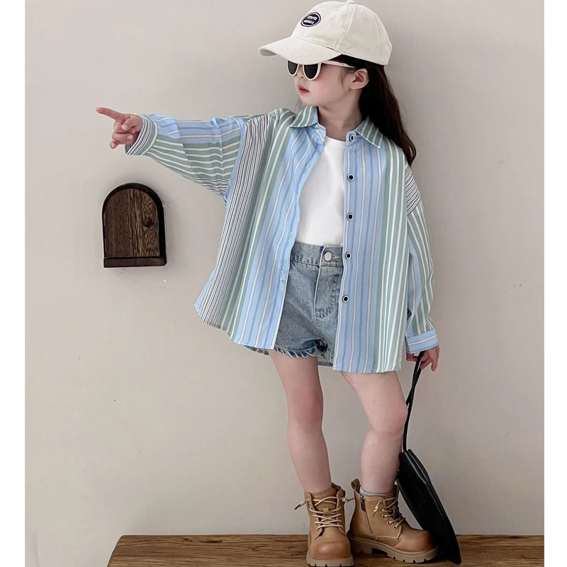 

Long Sleeve Sunscreen Shirts+Vest+Denim Shorts 3Pcs Suit For 3-8Y Kids Stylish Outfit Spring Summer Girls Clothing Set Striped