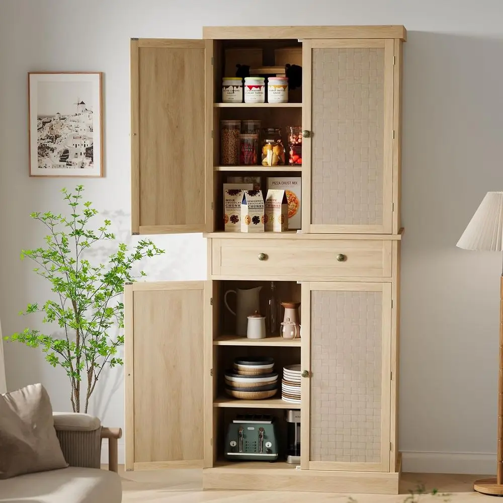 

Freestanding Farmhouse-Style Kitchen Pantry with 4 Rattan Doors, 1 Drawer, Adjustable Shelves
