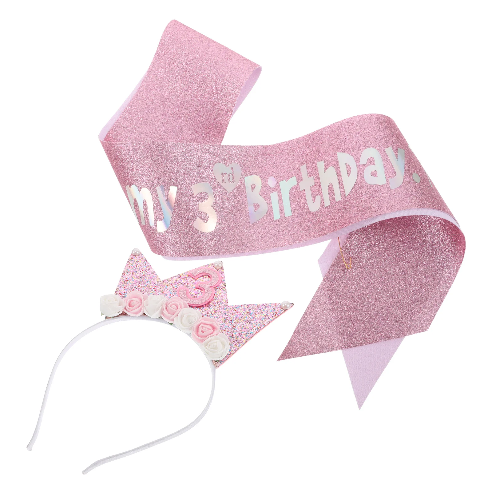 

Girls Birthday Headb Pink Crown Sash Set for 3 Year Party Decorations Hair Accessories Festive Supply Tiara