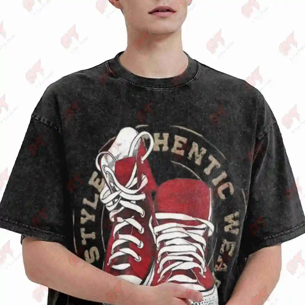 Red White Sneaker Streetwear Vintage Washed Tee Pure Cotton T-Shirt