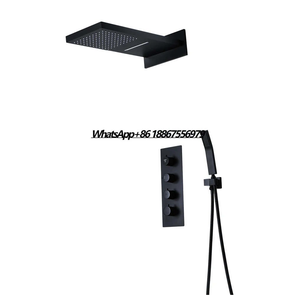 

Wall Mounted Rain and Waterfall Bathroom Thermostatic Shower Faucet in Black Color