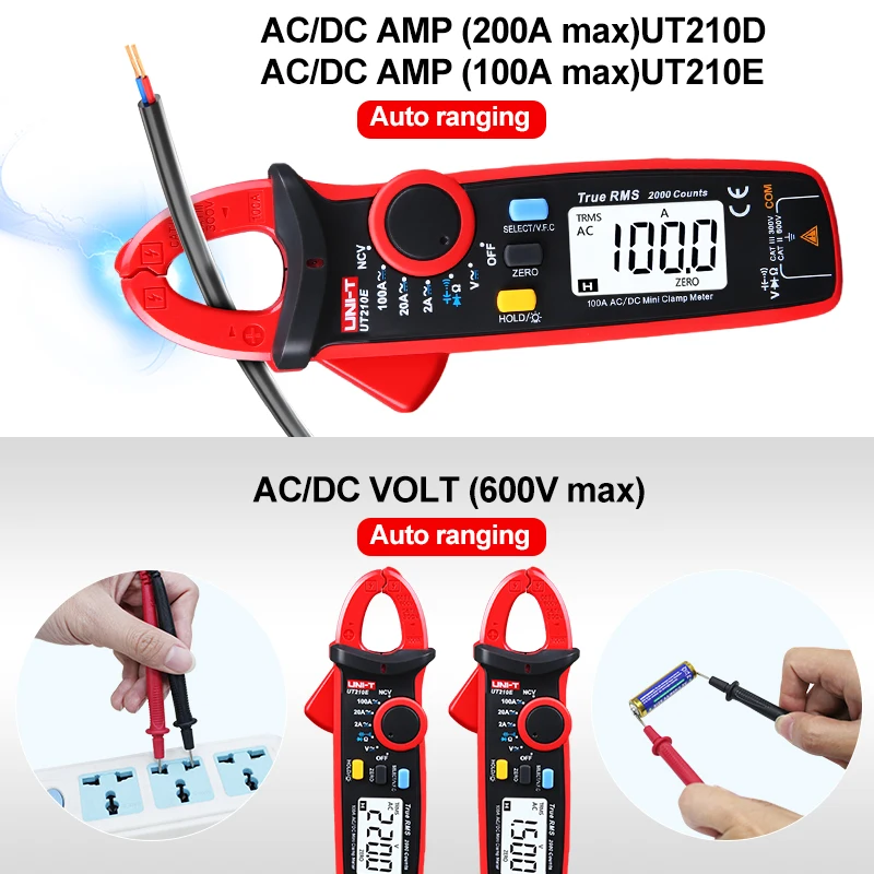 UNI-T UT210E UT210D  Amp Meter Clamp AC/DC True RMS Ammeter Pliers Voltage Tester With NCV LPF Voltage and Current Test
