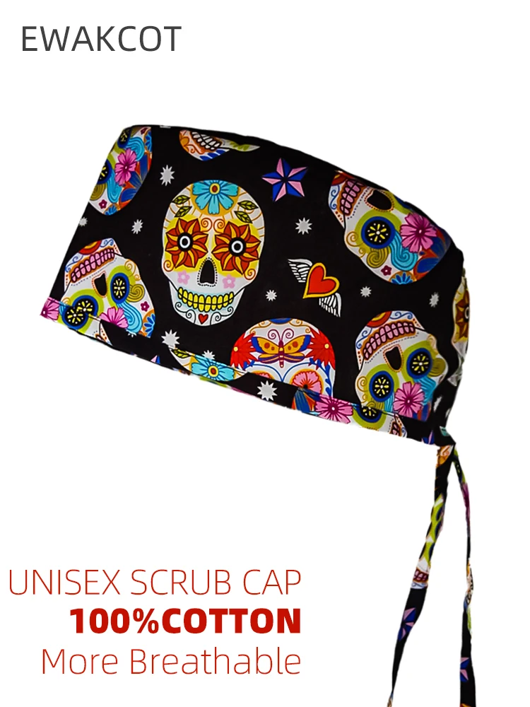 Neue Halloween-Muster-Peeling-Mütze mit Totenkopf-Motiv, bedruckt, medizinischer Operationshut, Labor, Tierhandlung, Tierarzt, Krankenhaus, Chirurg, Hut, Damen und Herren, OP-Mütze