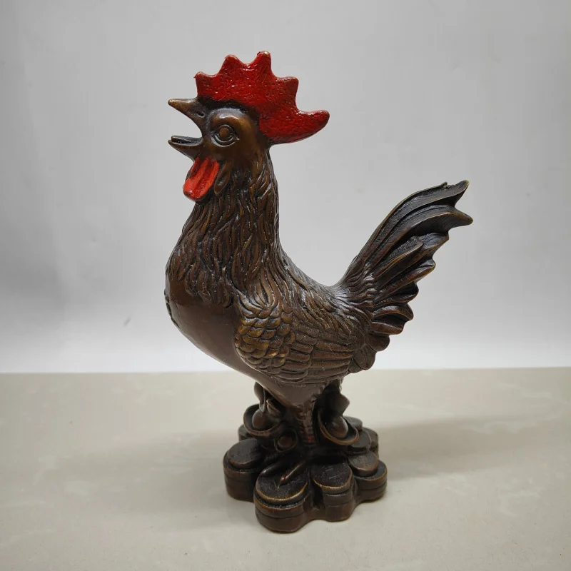 Antique collectible brass zodiac ornament, gold-plated copper rooster decoration, craft item