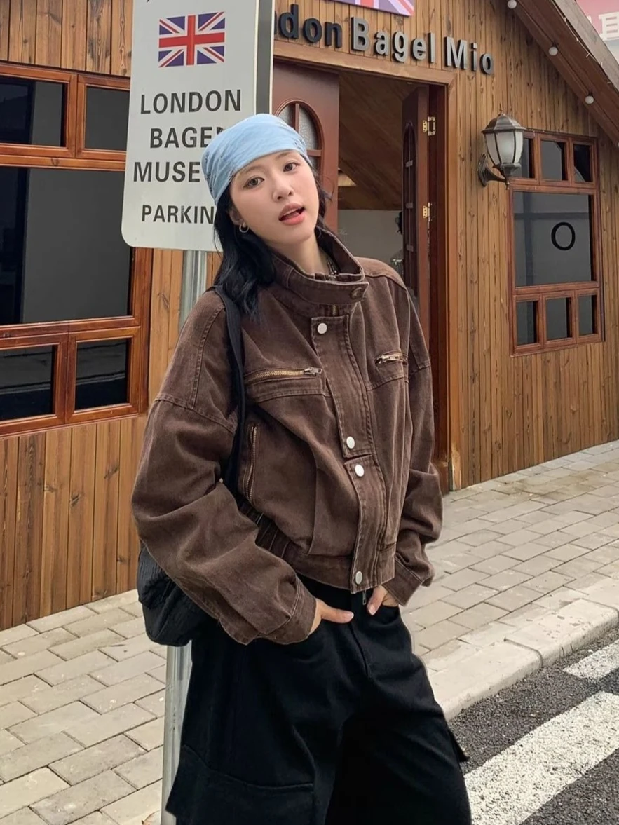 Black Harajuku Vintage Safari Denim Coats with Hooded Women Zipper Sweatshirts Casual Streetwear Punk Jean Jacket Y2k Stand Neck