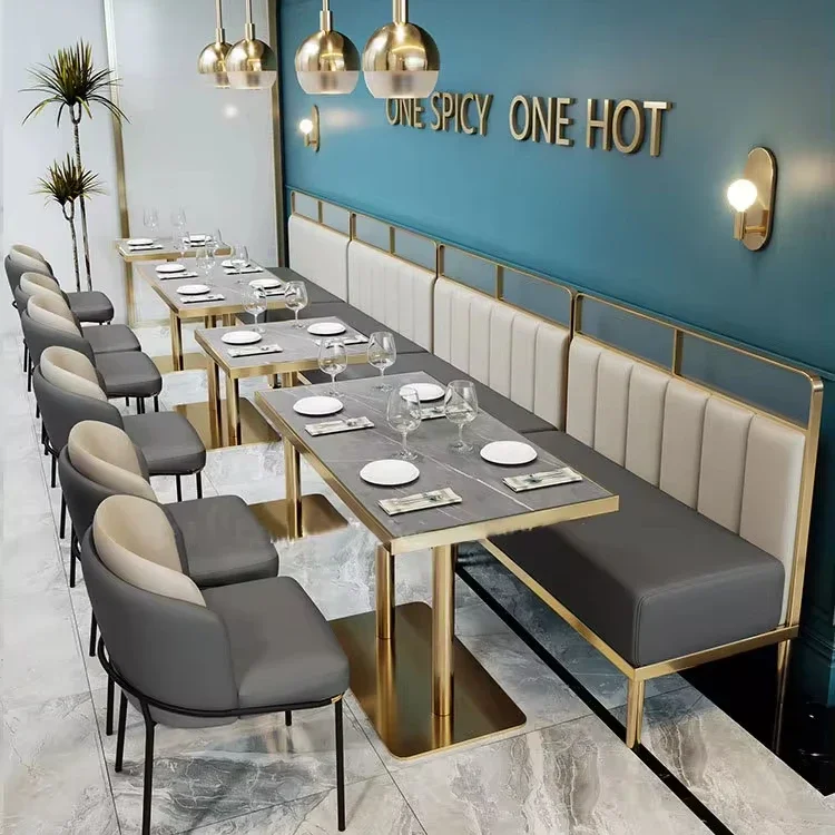 Customized Light luxury antique western restaurant cafe table with stainless steel leg dining booth with metal leg and chair set