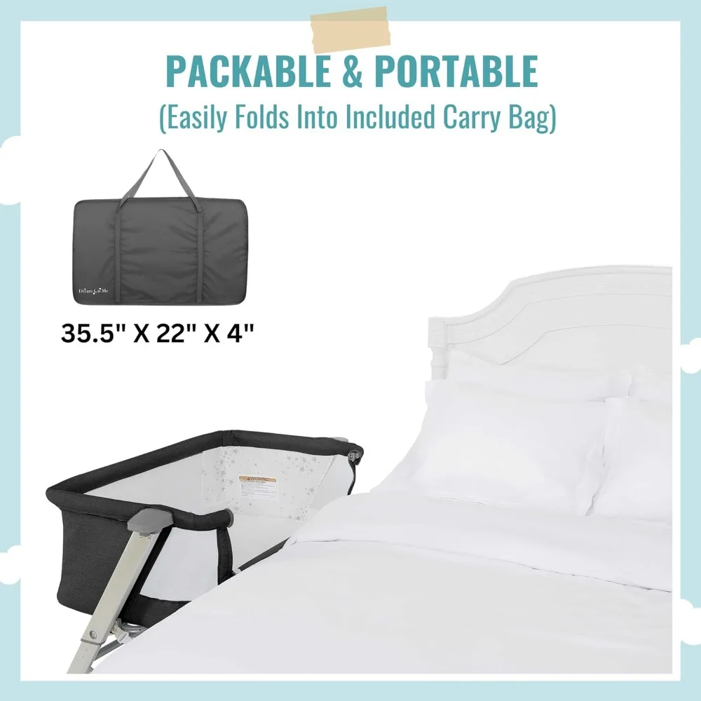 Bassinet and Beside Sleeper in Black, Lightweight and Portable Baby Bassinet, Five Position Adjustable Height